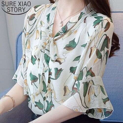 Womens Tops And Blouses Chiffon Blouse Shirts Plus Size Women Off Shoulder Top Ladies Tops Bow Floral Butterfly Sleeve 3073 50