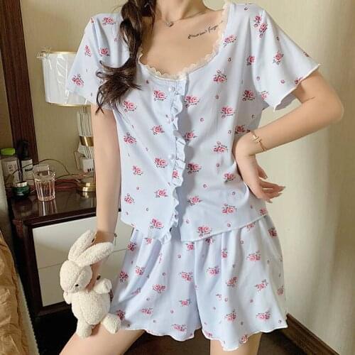 CAIYIER Summer Women Pajamas Set Korea Sweet Printing Sleepwear Short Sleeve Small Broken Flower Girl Lace Sexy Shorts Nightwear