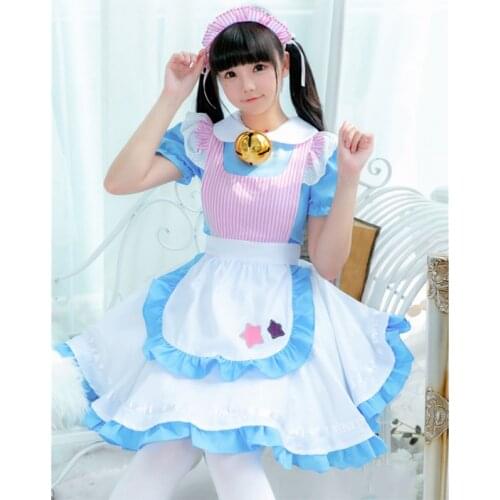 Lolita Style Dress Women Cute Sweet Lace Maid Uniform Pink striped Apron Anime Cosplay Costume Female Mid Dress with Belt