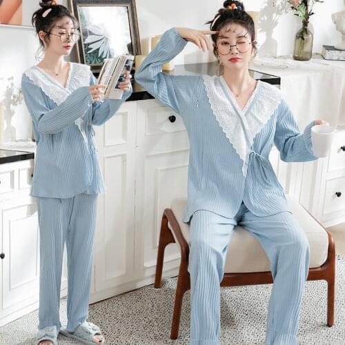 8299# Korean Fashion Cotton Maternity Nursing Sleepwear Sets Sweet Feeding Pajamas Suits for Pregnant Women Pregnancy Home Wear