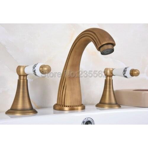 Antique Brass 3 Hole Widespread Bathroom Basin Faucet Deck Mounted Vessel Sink / Bathtub Dual Handle Mixer Taps lan090