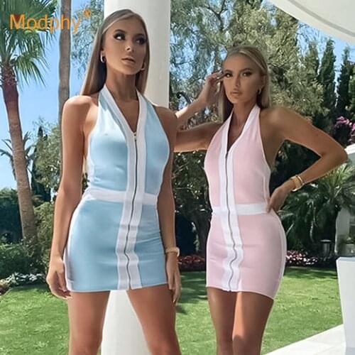 Free Shipping 2021 Summer New Contrast Rayon Bandage Dress Sexy Backless Halter Neck Bodycon Club Evening Party Mini Dress