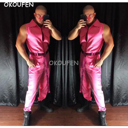 Nightclub bar singer dancer Pink tooling bodysuits costumes hiphop set party show performance clothing