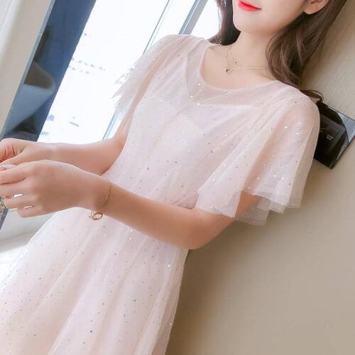 Summer Elegant Party Shiny Lace Dress Women Pink Short Sleeve Sexy Mesh Bling Mini Dresses female Vestidos