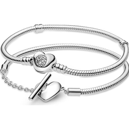 Moments Pave Heart T-bar With Crystal Clasp Snake Chain 925 Sterling Silver Bracelet Fit Europe Bangle Bead Charm Diy Jewelry