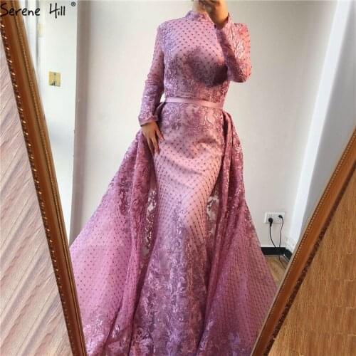 Muslim Pink High Collar Evening Dresses 2020 Handmade Flowers Long Sleeves Mermaid Evening Gowns Serene Hill LA6542
