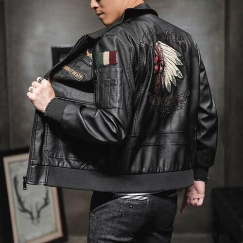 2020 Mens Leather Jacket Lapel Embroidery Motorcycle Jacket Spring and Fall Mens Casual Trend Leather Jacket Coat Streetwear