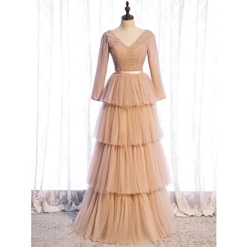 New Style V-Neck A-Line Evening Dress Formal Robe De Soiree Champagne Long Sleeve Evening Dresses Long Dress Vestido De Festa