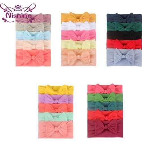Nishine 5pcs/lot Infant Comfortable Soft Nylon Headband Solid Color Bowknot Elastic Wide Hairband Baby Accessories Birthday Gift