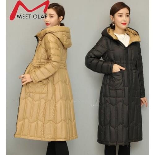 Down jacket 2021 New Womens Light Ultra Mid-Length Double-Sided Coat Female Slim Fashion Korean Drawstring Windproof Overcoat