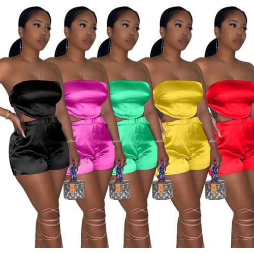 Sexy 2 Piece Set Women Summer Ice Silk Bellyband Solid Strapless Crop Top And Shorts Backless Slim Bodycon Club Outfits S-XXL