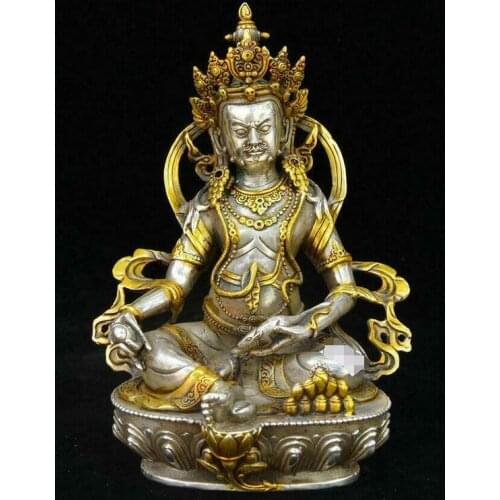 Old Tibetan Buddhism Temple Silver Gilt Yellow Jambhala Wealth God Buddha Statue