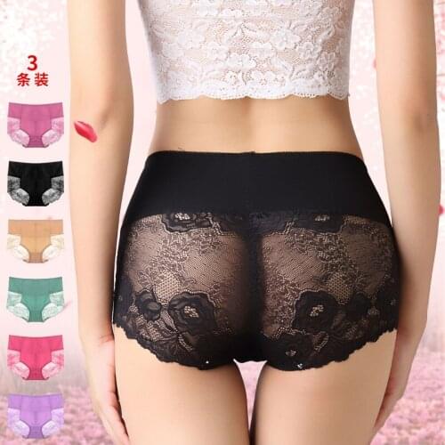 Three ladies boxed cotton panties women lace underwear sexy tall waist underpants head slightly transparent black stretch cuecas