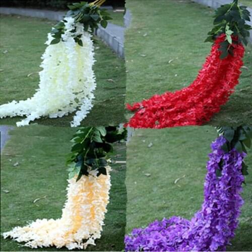 High-end Encryption Hydrangea Flower Vine Three Forks Wisteria Rattan Decorative Flowers Wall Hanging Craft Ornament for Wedding