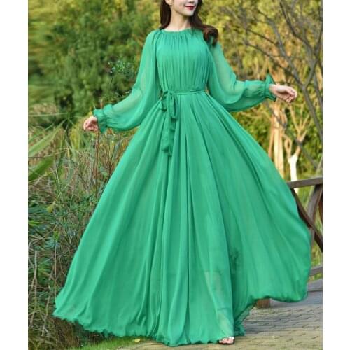 Female Clothing PLus Size Dresses Elegant Flowy Chiffon High Quality Loose Belt Maxi Boho Dress Beach Party Bridesmaid Green
