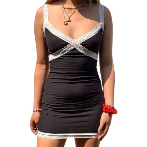 Ladies Casual Breathable Bodycon SunDress Lace Up Sleeveless Slim Fit Clubwear Dresses Women Sexy Patchwork Sleeveless Dress