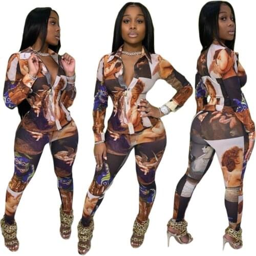 2020 long sleeve tie dye casual two piece set women clothing fall