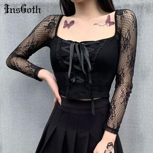 InsGoth Vintage Elegant Black Lace Up Gothic Top Sexy Mesh See Through Long Sleeve Top Women Autumn Hollow Out Bodycon Basic Top