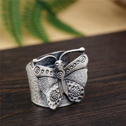 BESTLYBUY 100% Real 990 Sterling Silver Jewelry Butterfly Retro Rings for Women Party Gift Bijoux Thai Silver Ring