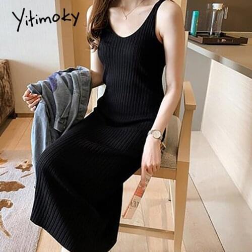 Yitimoky Ribbed Knitted Women Tank Tops Dresses Summer 2021 Fashion Sexy Sleeveless Casual Slim Black Party Midi Dress Apricot