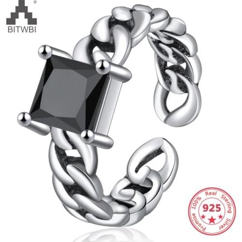 Real 925 Sterling Silver Vintage Square Agate Chain Open Ring for Women Adjustable Fine Jewelry Punk Luxury Rings