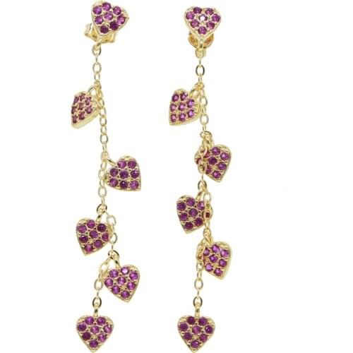 Gold Rose gold color Red cz tiny heart drop Long tassel chain dangling earring fashion trendy women jewelry