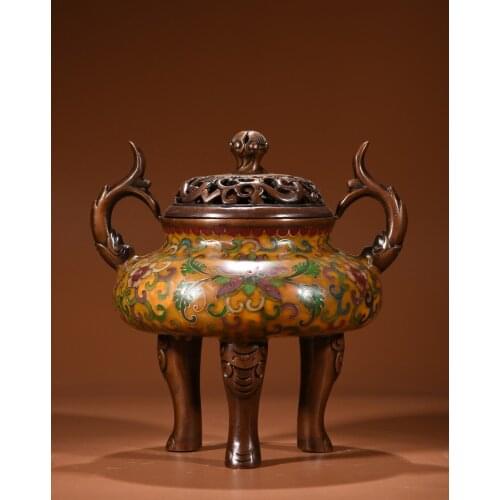 10"Chinese temple collection Old Bronze Cloisonne Enamel Elephant Trunk Statue lotus Three-legged incense burner Town House