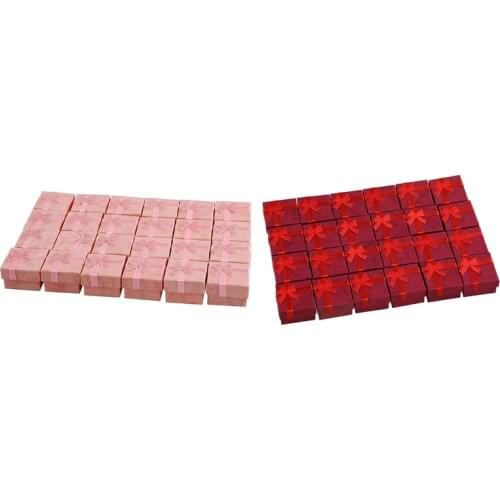 48 Pcs Ring Earring Jewelry Display Gift Box Bowknot Square Case Red & Pink