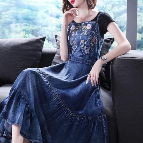 Free Shipping 2020 New Fashion 100% Cotton Denim Dresses For Women Long mid-calf Spaghetti Strap Jeans S-XL Embroidery Dresses