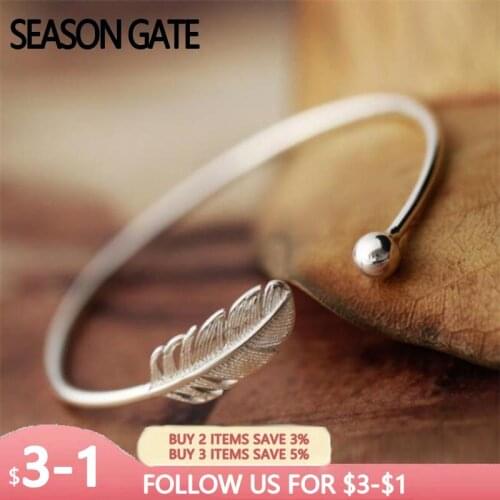 Season Gate 925 Sterling Silver Personality Trendy Feather Small Bead Adjustable Size Open Bracelets for Women Girls SB004