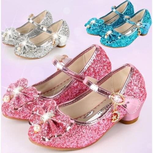 2020 Princess Kids Leather Shoes for Girls Flower Casual Glitter Children High Heel Girls Shoes Butterfly Knot Blue Pink Silver