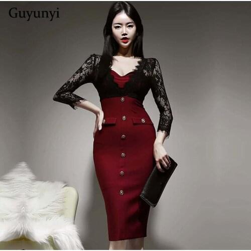 Elegant Office Lady Dress 2021 Spring Sexy Black Wrist Sleeve Lace Stitching Wine Red Single Row Decorative Buttons Party Dress