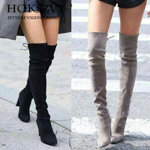HOKSVZY 2020 Earing Spring Women Long Boots Knee High Boots 8 Cm High Heels Classic Grey Black Point Toe Drop Sale .HYKL-9527