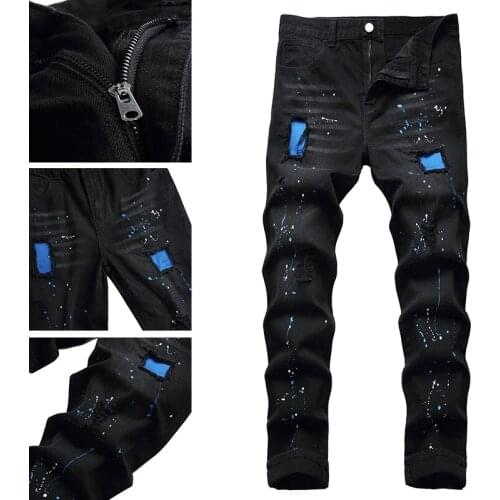 Personality mens ink-splashing jeans mens Trendy All-match Pants 4 Season mens straight wash pants slim jeans
