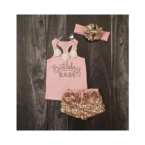 3Pcs Set Newborn Baby Girls Clothes Summer Sleeveless Pink Letter Cotton Top|+Sequin Pants+Headband Outfits Baby Clothes 12-18M