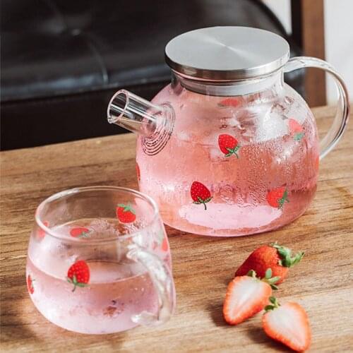 Cute Strawberry Glass Water Pot Kettle with Handle Resistant Milk Cup Juice Water Drinking Cup Big Capacity Water Bottle Mug