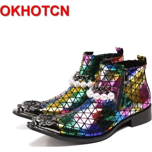 Fashion Metal Toe Ankle Boots Chain Pearl Decor Mens Zipper Boots Pointed Toe Colorful Leather Winter Men Dress Party Shoes