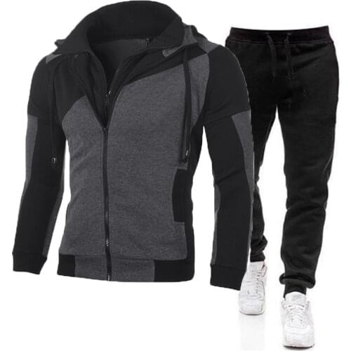 2021 Autumn Winter Mens Warm Tracksuit Hooded Zipper Coat and Sweatpants 2 Piece Sports Suit Workout Sportswear Gym Fitness Set