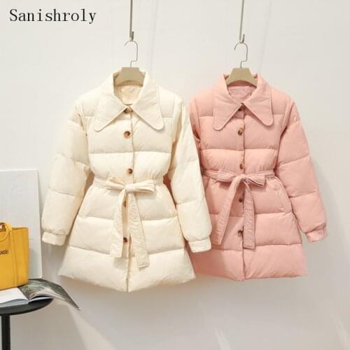 Autumn Winter Coat Women Warm Thicken Single-breasted 90% White Duck Down Jacket Parka Female Midi Long Down Outwears With Belt