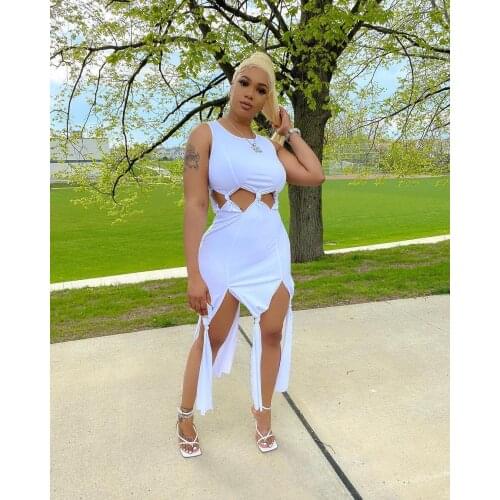 Casual Streetwear Solid Tie Tassel Mini Dress for Women Sexy O Neck Sleeveless Hollow Out Slim Clubwear Party Bodycon Dresses