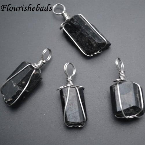 Wire Wrapped Natural Black Tourmaline Rough Mineral Stone Nugget Cylinder Pendant