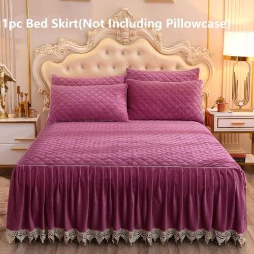 Luxury Solid Color Crystal Velet Quilted Bedspread King Queen Size Lace Soft Coral Fleece Bed Skirt Not Including Pillowcase