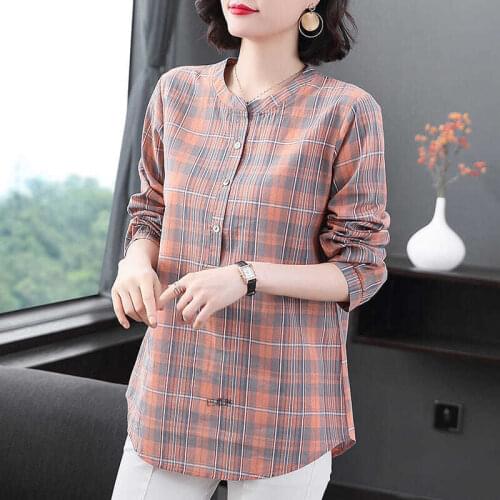Vintage Plaid Women Shirts Summer New 2021 O-Neck Long-Sleeved Straight Female Outwear Coats Tops Oversized 5XL