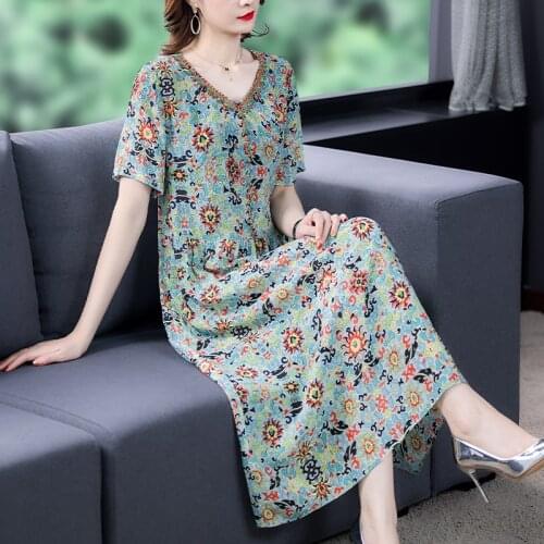 Chikichi 2021 Spring New Handmade Beaded Ethnic Silk Floral Dress Short Sleeve Summer Vestidos Plus Size 4XL