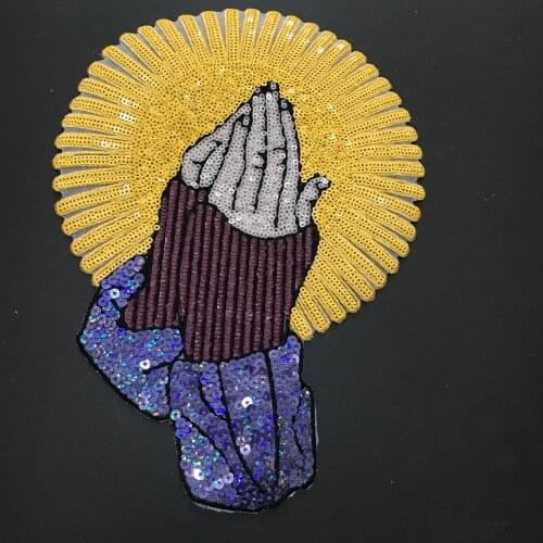 WUYUCONG New Praying Hands Sequined Iron on Patches for Clothes Prayer Hand Sequins Embroidery Appliques DIY Accessories