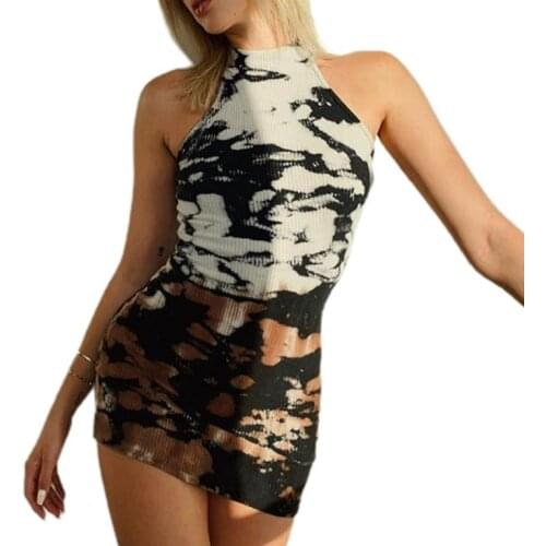 Ladies Sexy Slim Mini Skirt, Summer Women Temperament Tie-dye Printing Sleeveless Round Collar Short Dress for Dating Shopping