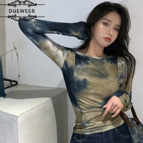 DUEWEER Women Long Sleeve T-shirts Tops Tie Dye Designed O-neck Silm Fashion Korean Style Chic Ins Casual Popular Harajuku
