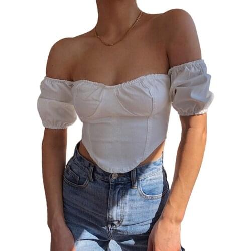 Womens Solid Slash neck Off Shoulder Puff Sleeve Skinny Slim Top Retro Palace Style T-Shirt New Fashion Streetwear New Arrival