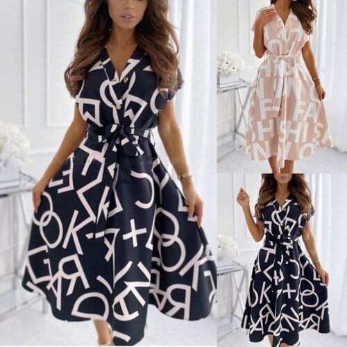 Letter Printing Casual Fashion Summer Womens Dress Short Sleeve V-neck A-line Long Dress