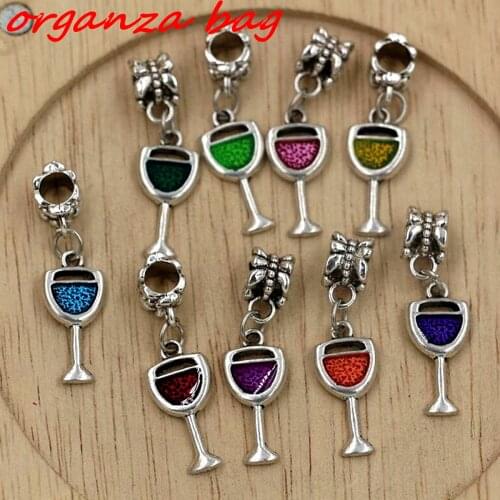 Hot ! 18 PCS Enamel Wine Glass Goblet Drink Dangle Charm Bead fit European Bracelets 32 x 9mm ab802